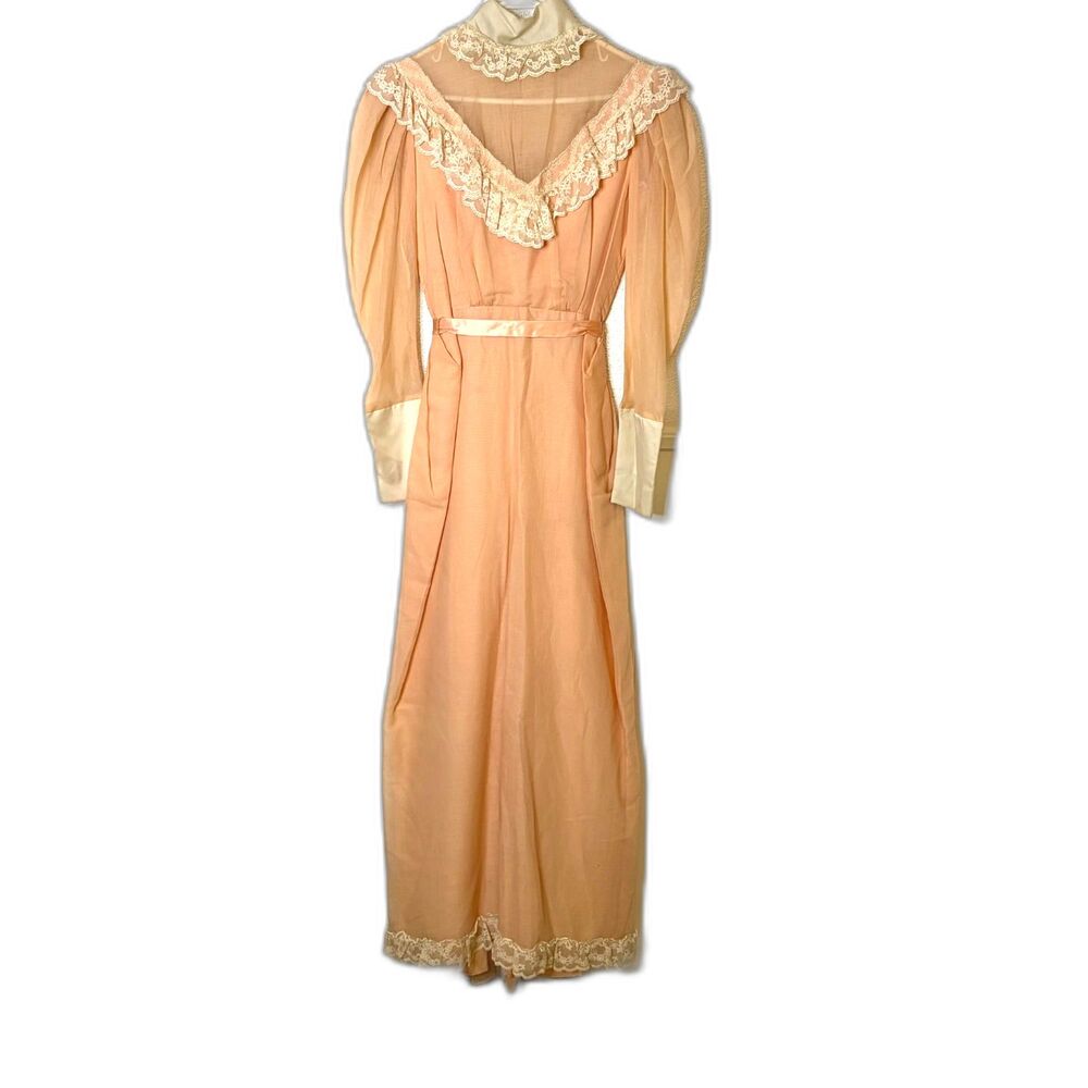 Vintage 70s Peach Prairie Maxi Dress Lace High Neck Edwardian Cottagecore Sz S